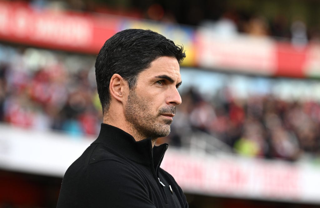 Mikel Arteta, Manager of Arsenal, looks on prior to the Premier League match between Arsenal FC and Leicester City FC at Emirates Stadium on Septem...