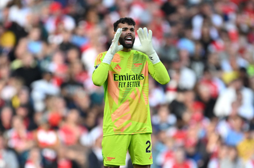 David Raya of Arsenal reacts during the Premier League match between Arsenal FC and Leicester City FC at Emirates Stadium on September 28, 2024 in ...