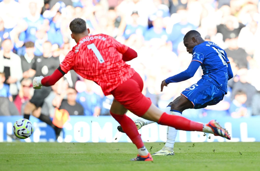 Nicolas Jackson of Chelsea has a shot blocked during the Premier League match between Chelsea FC and Brighton & Hove Albion FC at Stamford Brid...