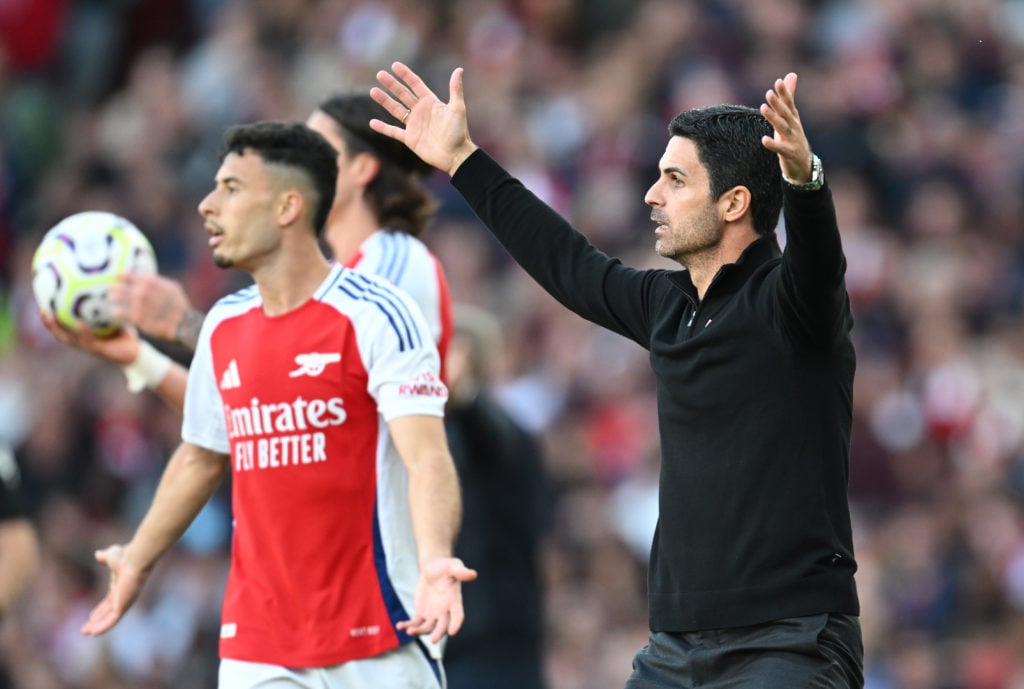 Mikel Arteta, Manager of Arsenal, reacts during the Premier League match between Arsenal FC and Leicester City FC at Emirates Stadium on September ...