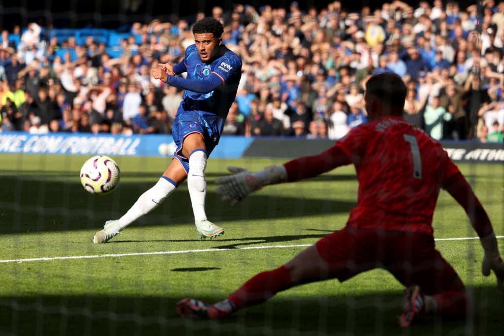 Jadon Sancho of Chelsea scores, but the goal is ruled out for offside during the Premier League match between Chelsea FC and Brighton & Hove Al...