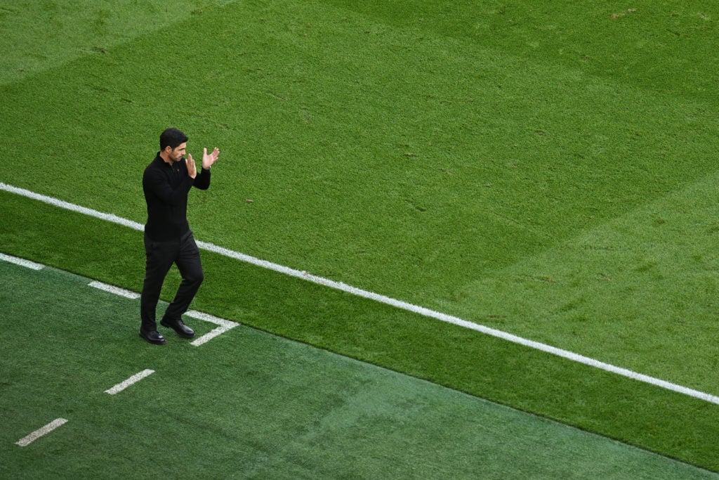 Mikel Arteta, Manager of Arsenal reacts during the Premier League match between Arsenal FC and Leicester City FC at Emirates Stadium on September 2...