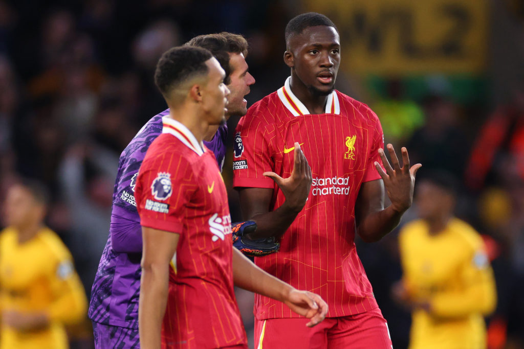 Ibrahima Konate and Alisson Becker of Liverpool reacts after conceeding a goal during the Premier League match between Wolverhampton Wanderers FC ...