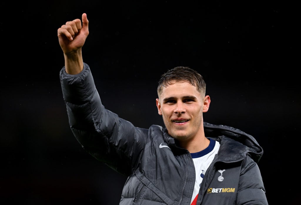 Micky van de Ven celebrates after Manchester United vs Tottenham Hotspur in the Premier League
