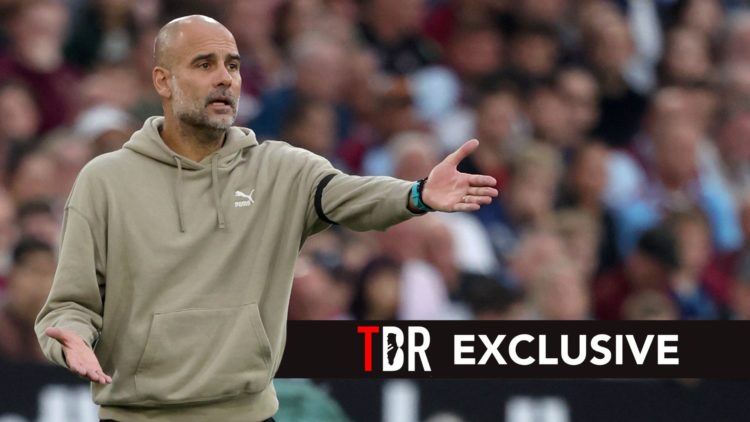 Pep Guardiola, Manager of Manchester City on the side line during the Premier League match. Overlaid, a TBR exclusive banner.