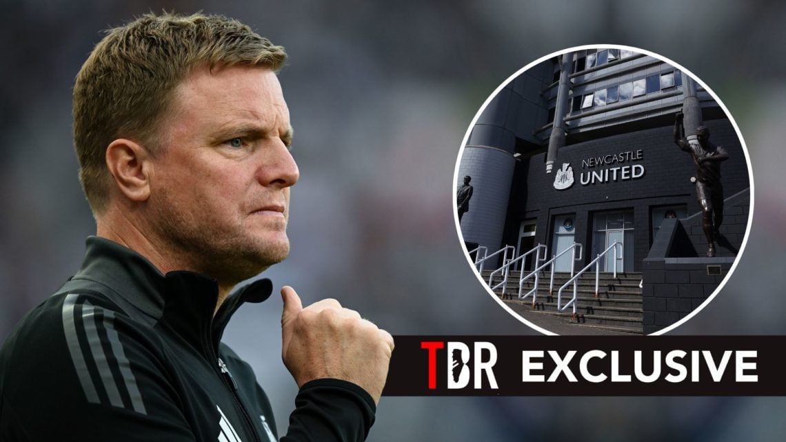 Newcastle United Head Coach Eddie Howe looks on from the sidelines. Inset, exterior St James' Park. Overlaid, an exclusive banner.