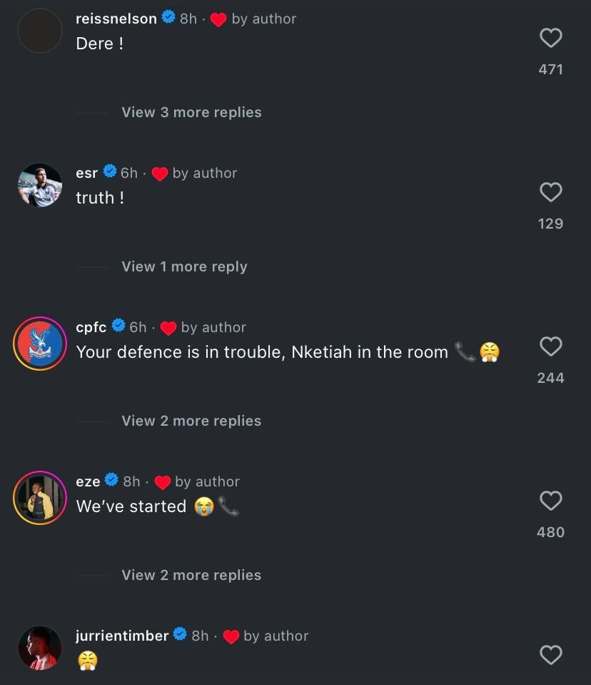 Jurrien Timber and Emile Smith Rowe react as former Arsenal teammate Eddie Nketiah scores his first Crystal Palace goal.