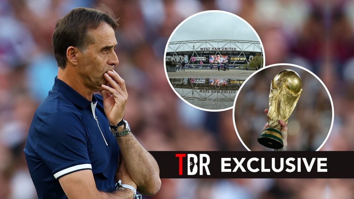Julen Lopetegui, Manager of West Ham United, looks on during the Premier League match. Inset, a general view of London Stadium and a view of the Wo...