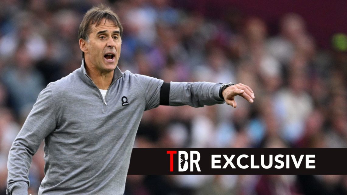 Julen Lopetegui, Manager of West Ham United, gestures during the Premier League match. Overlaid, an exclusive banner.