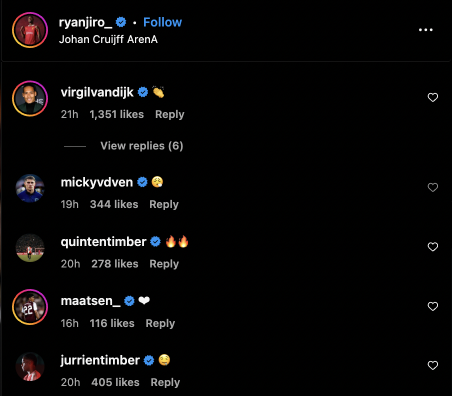 Screen grab of Virgil van Dijk, Jurrien Timber and Micky van de Ven's replies under Liverpool's Ryan Gravenberch's Instagram post