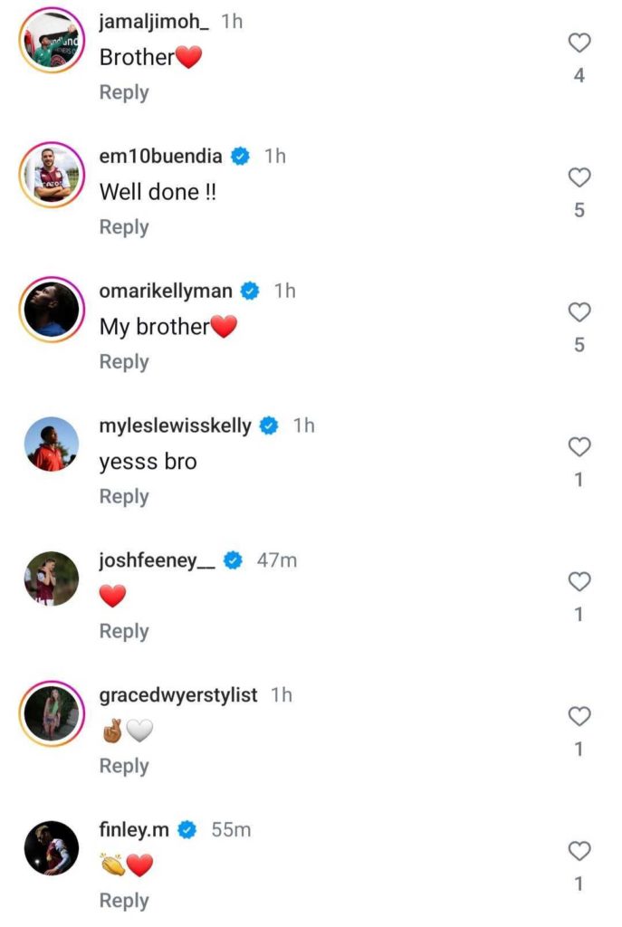 Emi Buendia, Omari Kellyman and Myles Lewis-Skelly wish Kadan Young well after his Aston Villa debut.