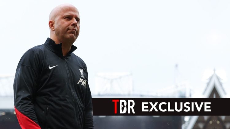 Arne Slot, manager of Liverpool, looks on during the Premier League match. Overlaid, an exclusive banner.