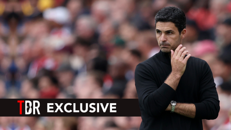 Mikel Arteta, Manager of Arsenal on the side line during the Premier League match. Overlaid, an exclusive banner.