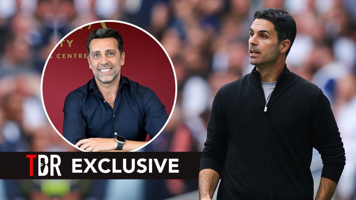Mikel Arteta, manager of Arsenal, during the Premier League match. Inset, Edu Gaspar. Overlaid, an exclusive banner.