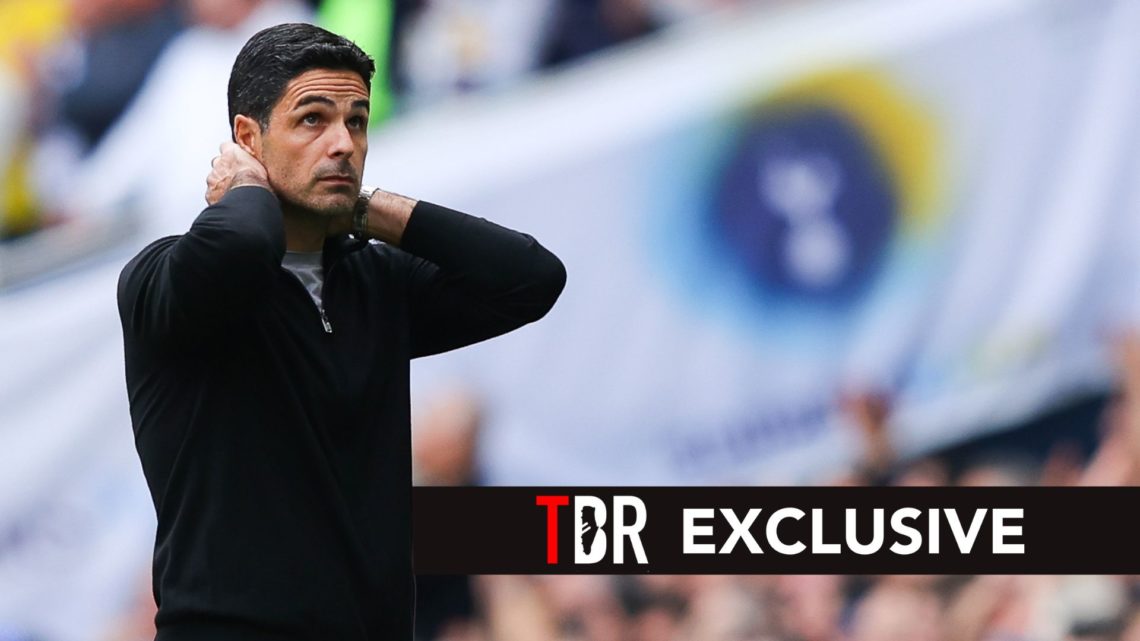 Mikel Arteta, manager of Arsenal, looks dejected during the Premier League match. Overlaid, an exclusive banner.