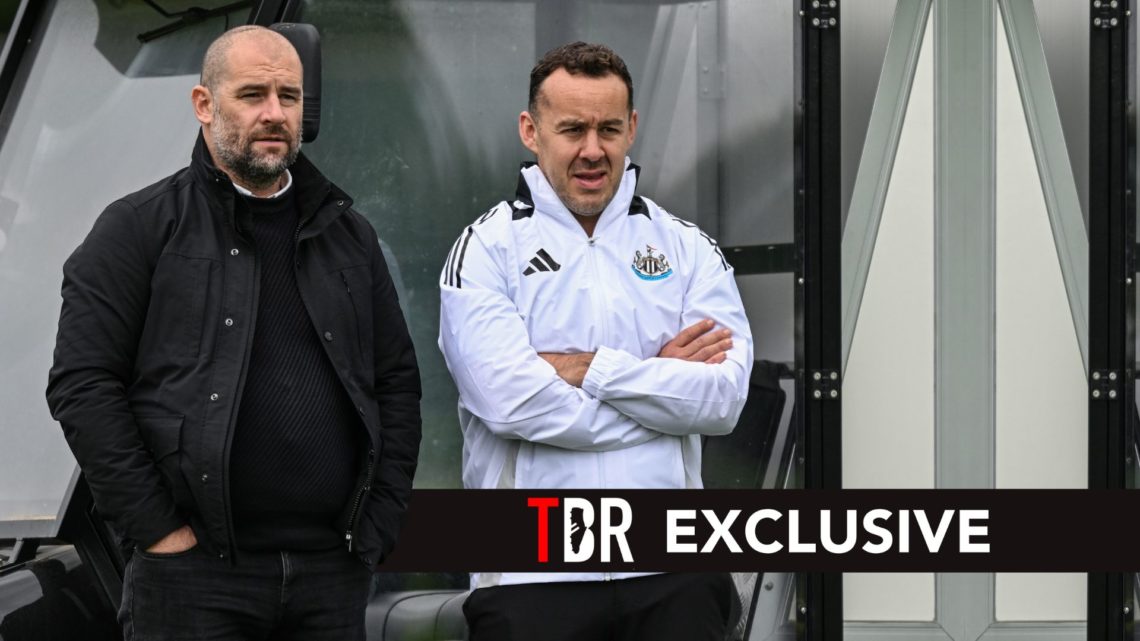 Sporting Director Paul Mitchell (L) and Performance Director James Bunce (R) look on during the Newcastle United First Team Pre Season Training Ses...