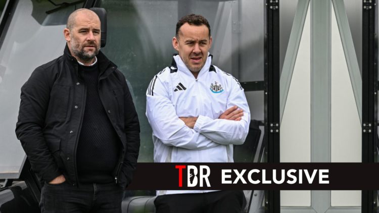 Sporting Director Paul Mitchell (L) and Performance Director James Bunce (R) look on during the Newcastle United First Team Pre Season Training Ses...