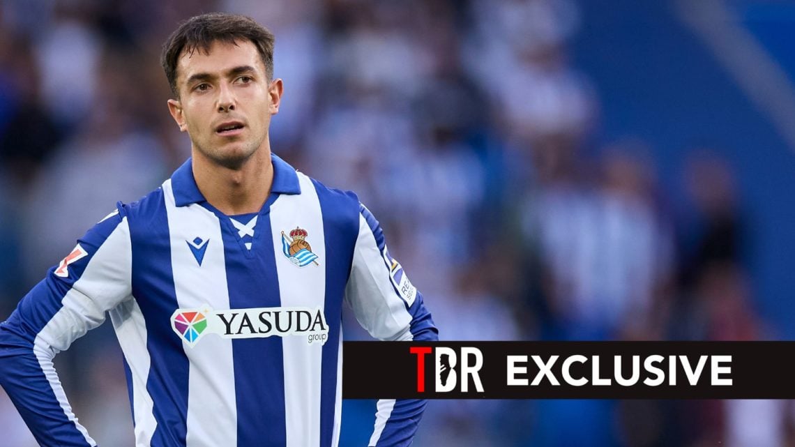 Martin Zubimendi of Real Sociedad looks on during the LaLiga EA Sports match between Real Sociedad and Valencia CF at Reale Arena. Overlaid, an exc...