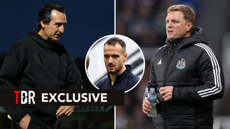 Split image of Unai Emery and Eddie Howe. Inset, Federico Gatti.