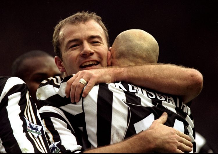 30 Jan 1999:  Alan Shearer of Newcastle United celebrates his goal with team mate Temuri Ketsbaia during the FA Carling Premiership match against A...