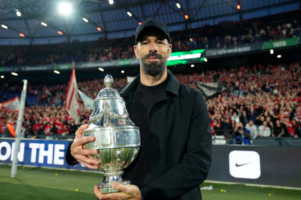 Coach Ruud van Nistelrooij of PSV celebrates the victory with the trophy during the Dutch KNVB Beker  match between Ajax v PSV at the Stadium Feije...