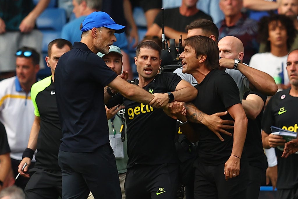 Chelsea manager Thomas Tuchel clashes with Tottenham Hotspur manager Antonio Conte at full-time following the Premier League match between Chelsea ...