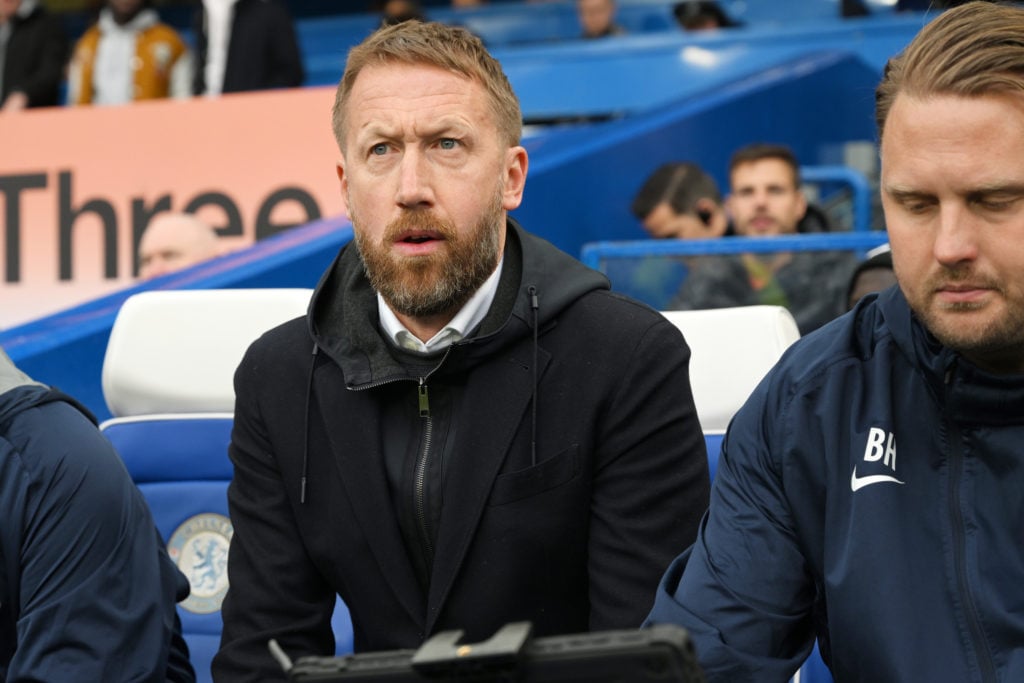 Graham Potter, Manager of Chelsea, looks on prior to the Premier League match between Chelsea FC and Aston Villa at Stamford Bridge on April 01, 20...