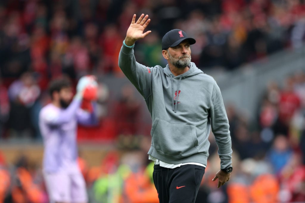 Juergen Klopp, Manager of Liverpool, waves to the fans after the Premier League match between Liverpool FC and Nottingham Forest at Anfield on Apri...