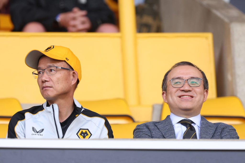 Executive Chairman, Jeff Shi and owner of Wolves Guo Guangchang are seen during the Premier League match between Wolverhampton Wanderers and Bright...