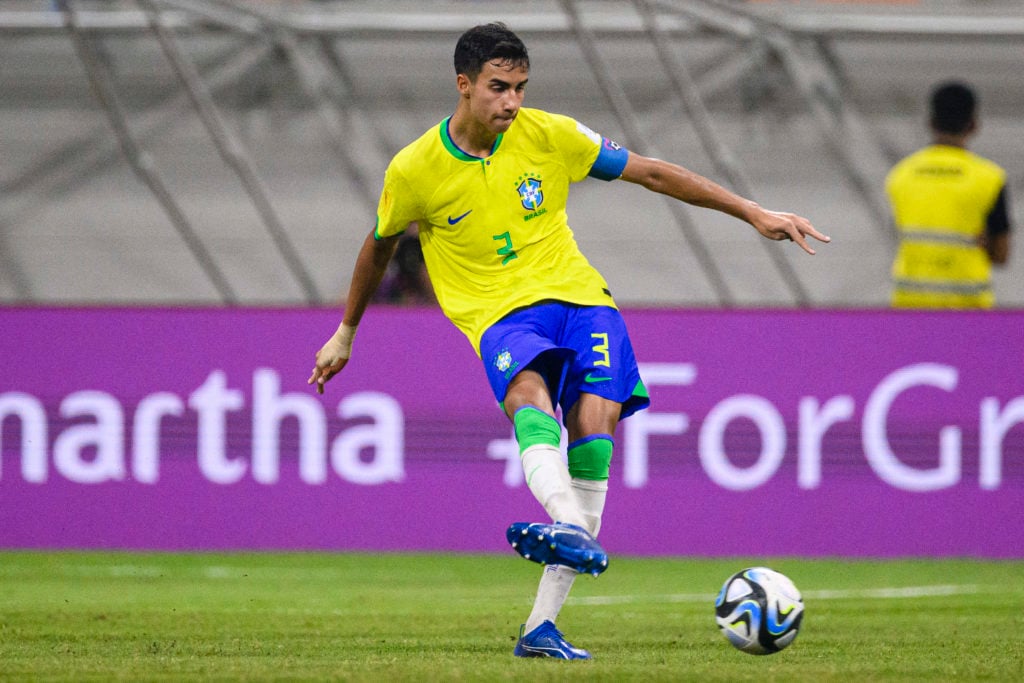 Vitor Reis of Brazil passes the ball during FIFA U-17 World Cup Quarterfinal match between Argentina and Brazil at Jakarta International Stadium on...