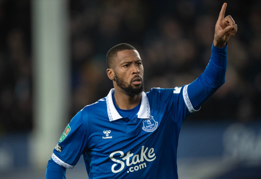 Beto of Everton celebrates after scoring their penalty during the penalty shoot out of the Carabao Cup Quarter Final match between Everton and Fulh...