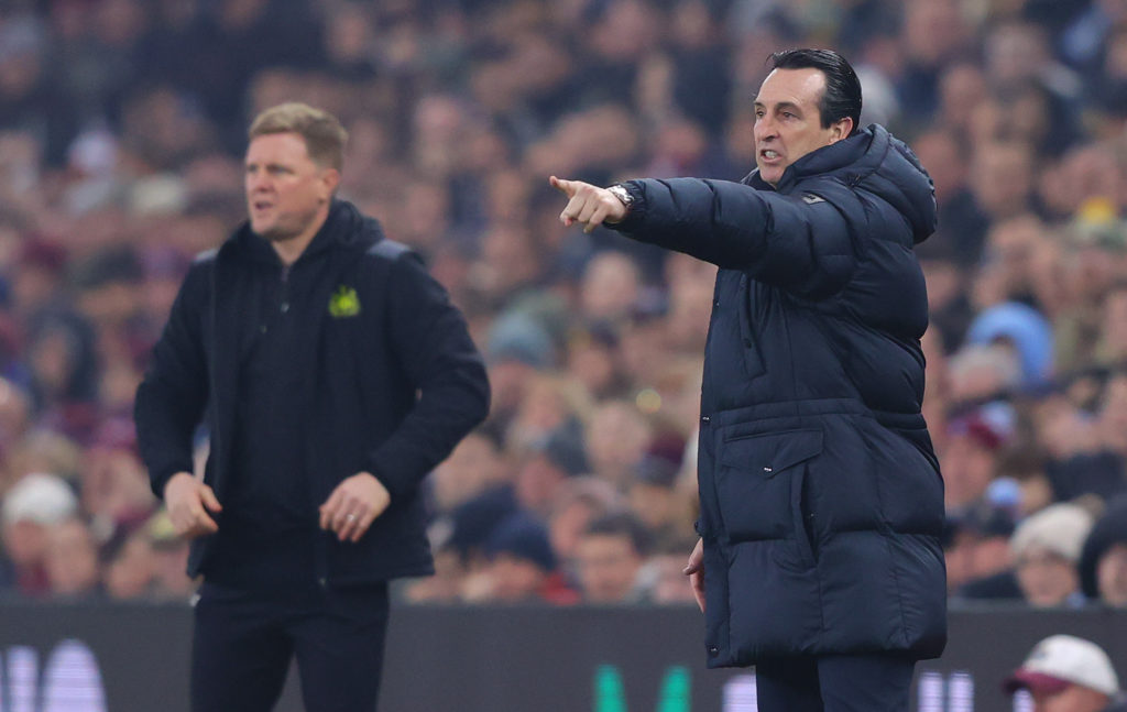 Unai Emery and Eddie Howe on the touchline during a game between Aston Villa and Newcastle United