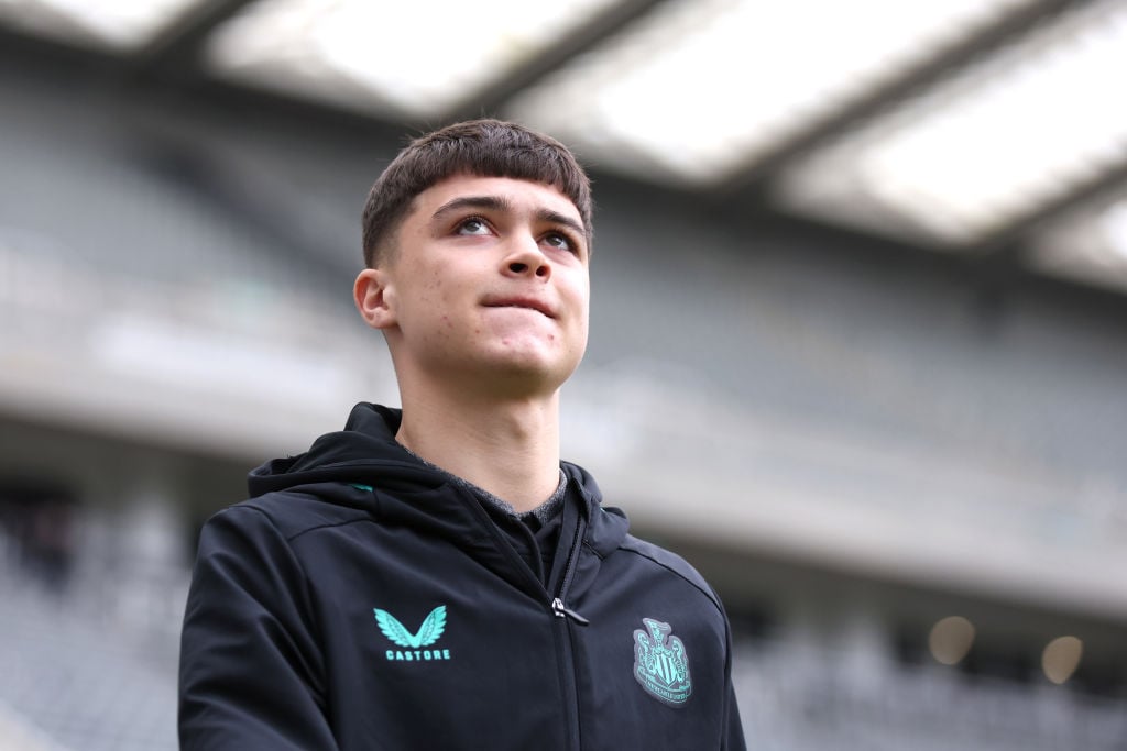 Lewis Miley of Newcastle United arrives at the stadium prior to  the Premier League match between Newcastle United and AFC Bournemouth at St. James...