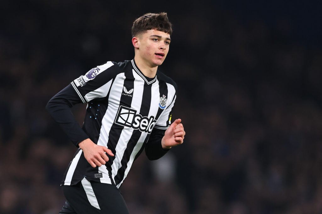 Lewis Miley of Newcastle United during the Premier League match between Chelsea FC and Newcastle United at Stamford Bridge on March 11, 2024 in Lon...