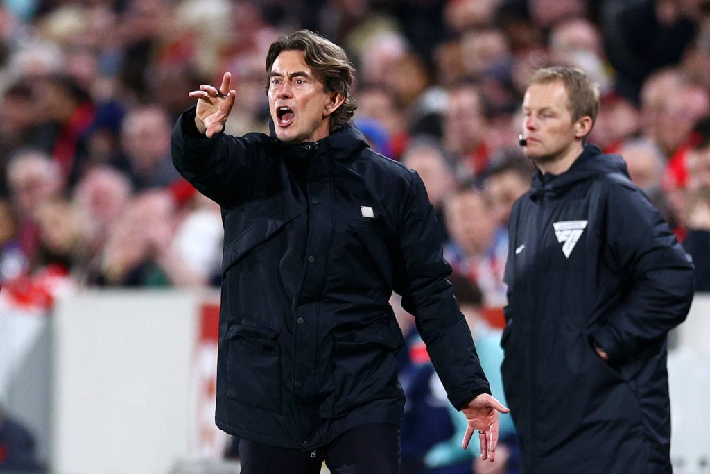 Thomas Frank, Manager of Brentford, reacts during the Premier League match between Brentford FC and Manchester United at Gtech Community Stadium on...