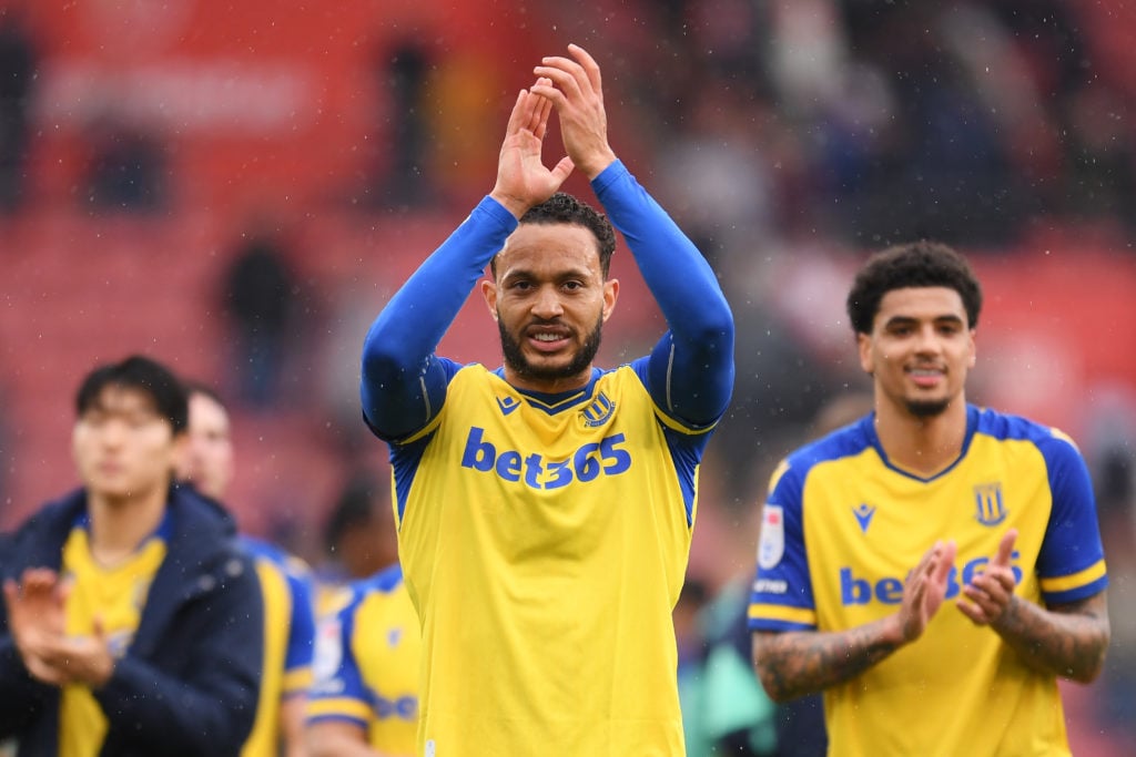 Lewis Baker of Stoke City applauds fans after the Sky Bet Championship match between Southampton FC and Stoke City at St. Mary's Stadium on April 2...