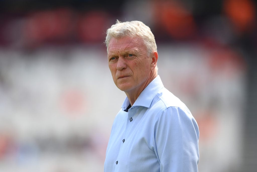 David Moyes, Manager of West Ham United, looks on prior to the Premier League match between West Ham United and Luton Town at London Stadium on May...