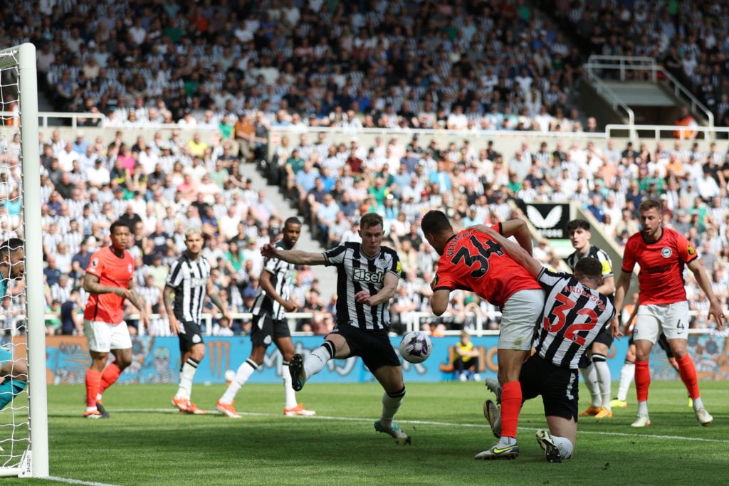 Joel Veltman of Brighton & Hove Albion scores his team's first goal during the Premier League match between Newcastle United and Brighton &...