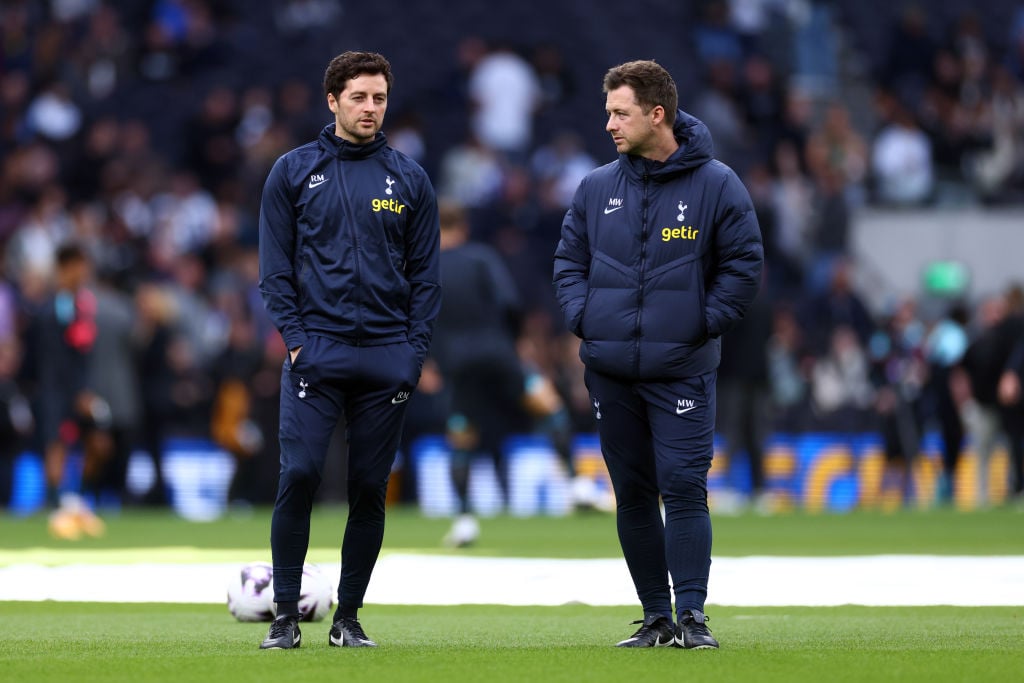 Tottenham Hotspur coaching staff Ryan Mason (L) and Matt Wells (R) during the Premier League match between Tottenham Hotspur and Manchester City at...