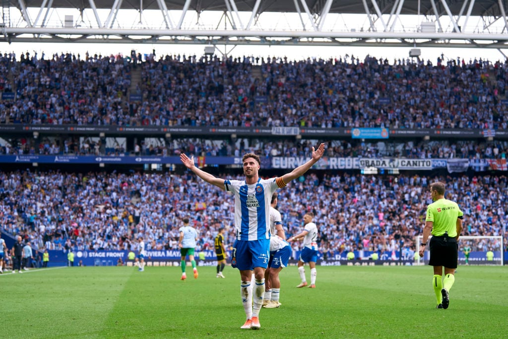 Javi Puado of RCD Espanyol celebrates after scoring his team's second goal during the LaLiga Hypermotion Play Off FInal 2nd Leg match between RCD E...