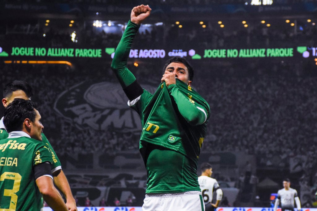 Vitor Reis of Palmeiras celebrates his goal during Campeonato Brasileiro 2024 match between Palmeiras and Corinthians at Allianz Parque on July 1, ...