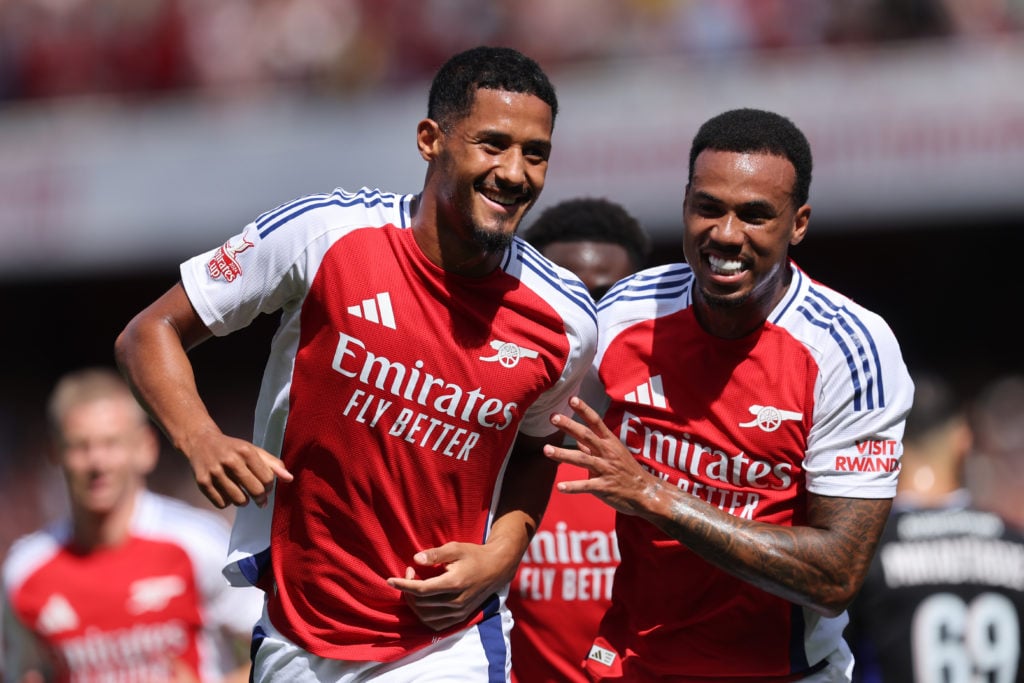 William Saliba of Arsenal celebrates after scoring a goal to make it 1-0 with Gabriel Magalhaes of Arsenal   during the pre-season friendly match b...