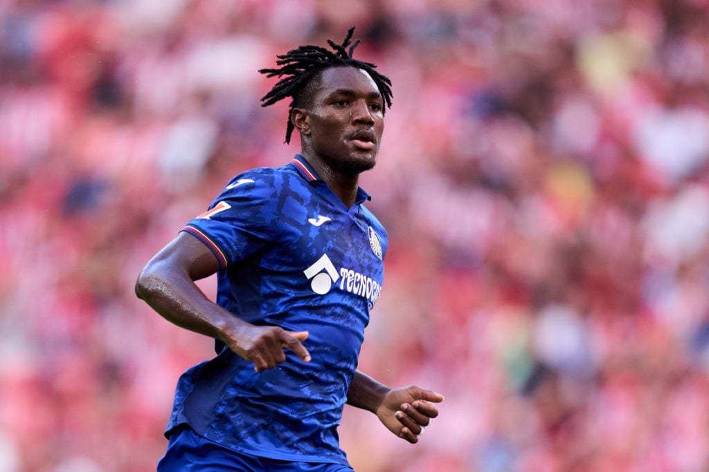 Christantus Ugonna Uche of Getafe CF in action during the La Liga match between Athletic Club and Getafe CF at Estadio de San Mames on August 15, 2...