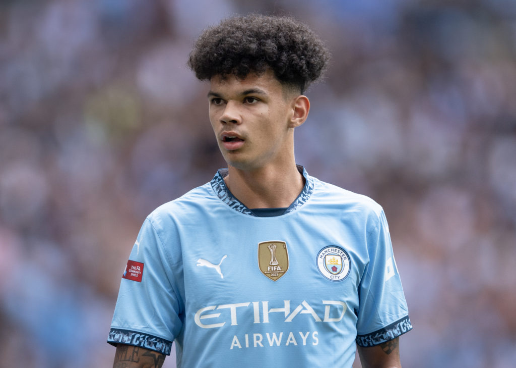 Nico O'Reilly of Manchester City during the 2024 FA Community Shield match between Manchester United and Manchester City at Wembley Stadium on August 10, 2024