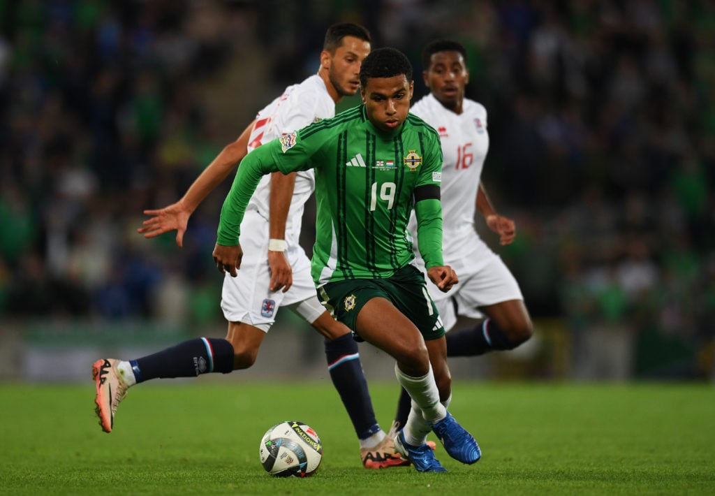 Shea Charles of Northern Ireland runs with the ball during the UEFA Nations League 2024/25 League C Group C3 match between Northern Ireland and Lu...