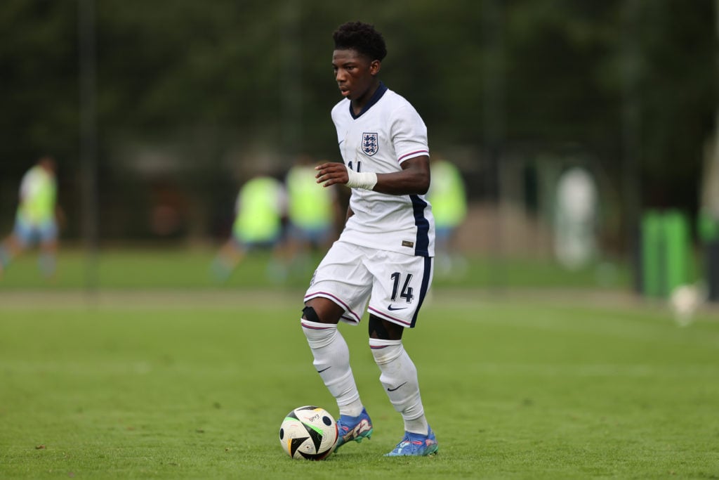 Ryan Mcaidoo of England runs with the ball during the Men's U17 international match between England and Israel at Sportschule Wedau on September 07...