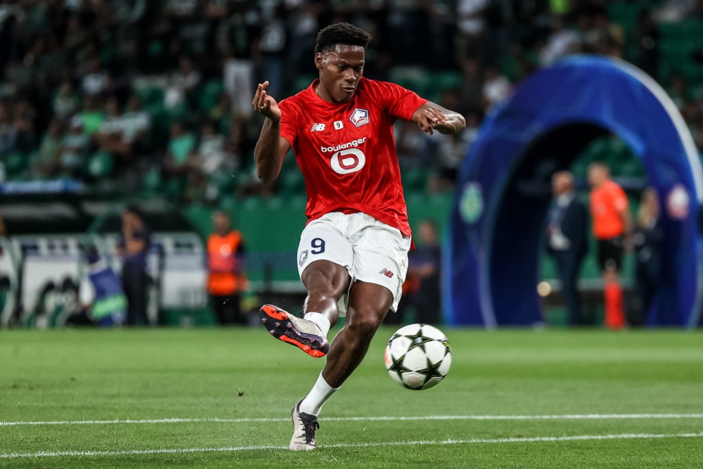 Jonathan David of Lille warming up during the UEFA Champions League 2024/25 League Phase MD1 match between Sporting Clube de Portugal and LOSC Lill...