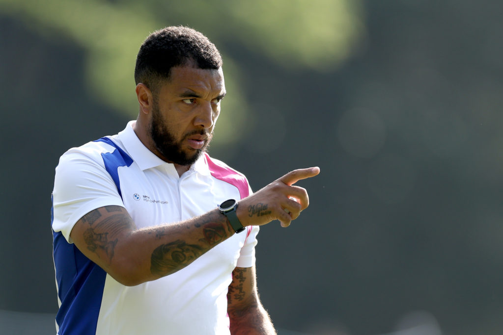 Troy Deeney reacts on the 17th hole during the Pro-Am prior to the BMW PGA Championship 2024 at Wentworth Club on September 18, 2024 in Virginia Wa...