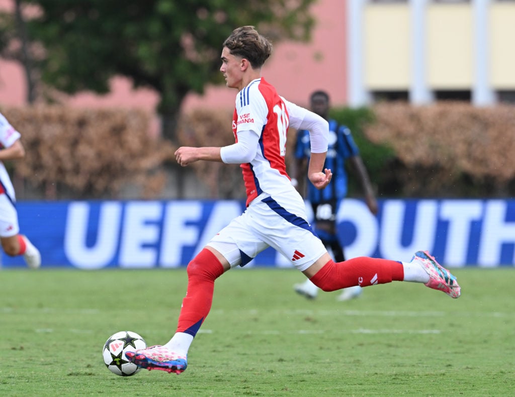 Max Dowman of Arsenal during the UEFA Youth League match between Atalanta BC U19 and Arsenal U19 at Stadio Comunale di Caravaggio on September 19, ...