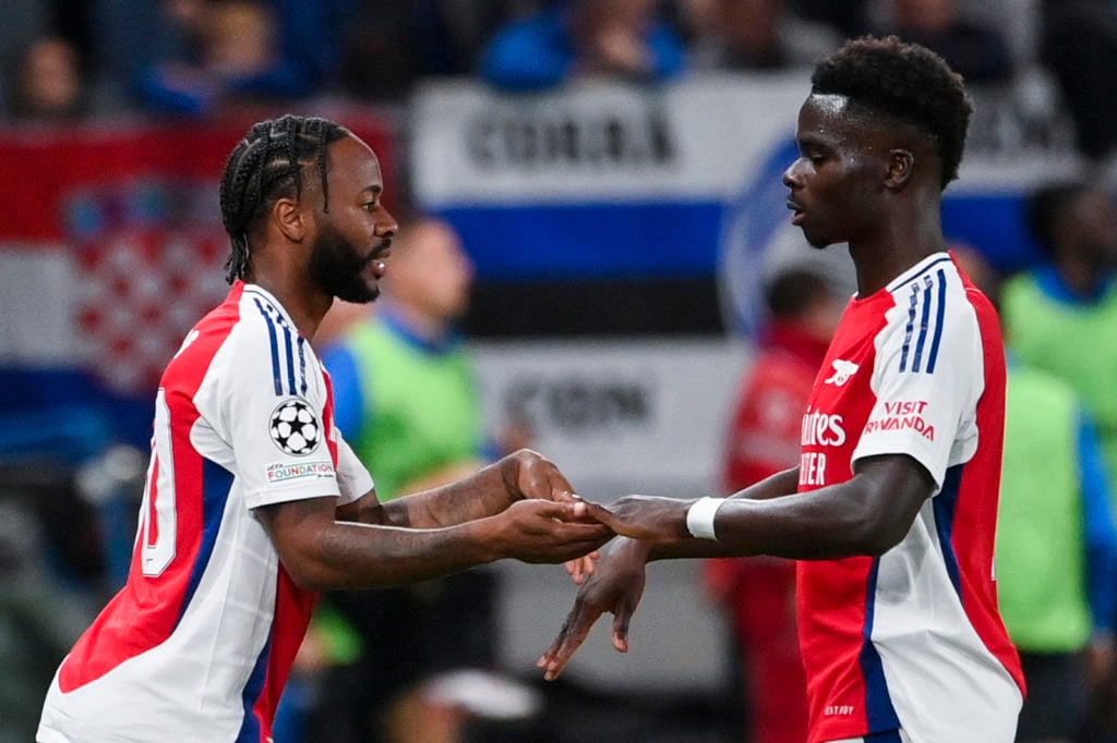 (L-R) Raheem Sterling of Arsenal FC and Bukayo Saka of Arsenal FC during the UEFA Champions League 2024/25 League Phase MD1 match between Atalanta ...